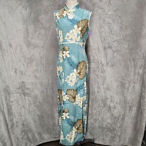 Amy Lee Cheongsam Dress Womens M Blue Floral Tropical Made in Hawaii Maxi Qipao
